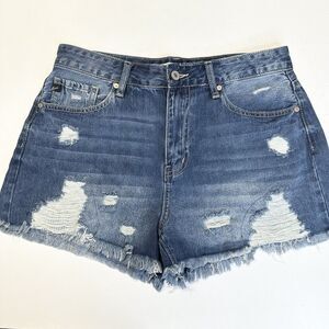 Kancan Shorts Womens 9 28 High Rise Denim Blue Jean Distress Cotton Fray Grunge